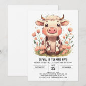 水彩納屋周囲の庭牛誕生日 招待状 (正面/裏面)