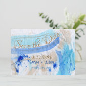 水彩紙のブルーゴールドの「Save the Date」 招待状 (スタンド正面)