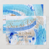 水彩紙のブルーゴールドの「Save the Date」 招待状 (正面/裏面)