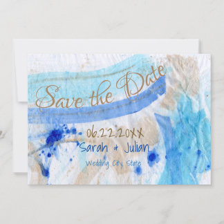 水彩紙のブルーゴールドの「Save the Date」 招待状