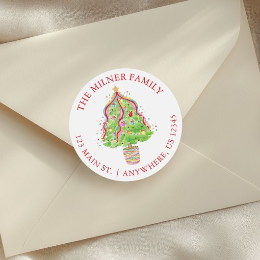 水彩紙吹雪クリスマスツリー差出人住所 ラウンドシール