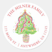 水彩紙吹雪クリスマスツリー差出人住所 ラウンドシール (正面)
