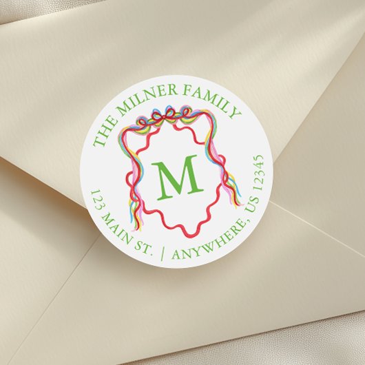 水彩紙吹雪クリスマスボウモノグラムクレスト ラウンドシール