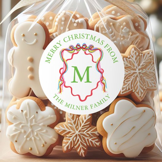 水彩紙吹雪クリスマスボウモノグラムクレスト ラウンドシール