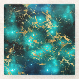水彩素晴らし緑&金ゴールド大理石銀河系 ガラスコースター