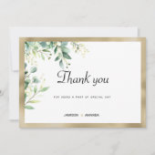 水彩素朴なユーカリ緑の金ゴールドありがとう 招待状 (正面)
