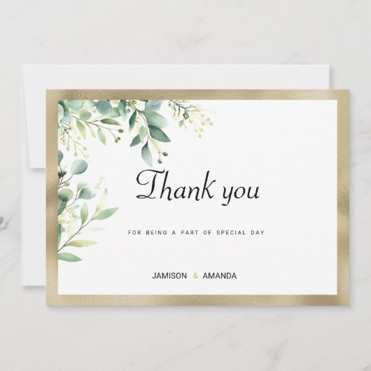 水彩素朴なユーカリ緑の金ゴールドありがとう 招待状 (正面)
