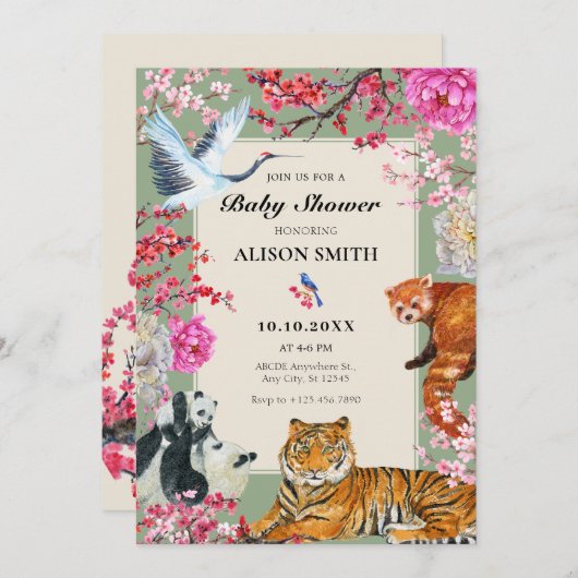 水彩素朴な野生動物フローラ赤ちゃんシャワー 招待状 (正面/裏面)