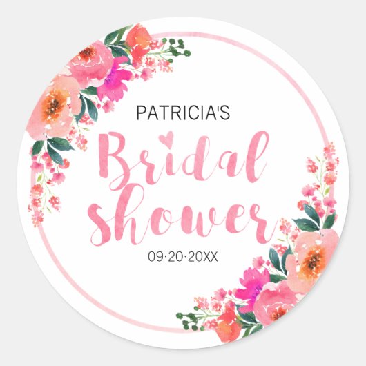 水彩素朴ピンクの花ブライダルシャワー ラウンドシール (正面)