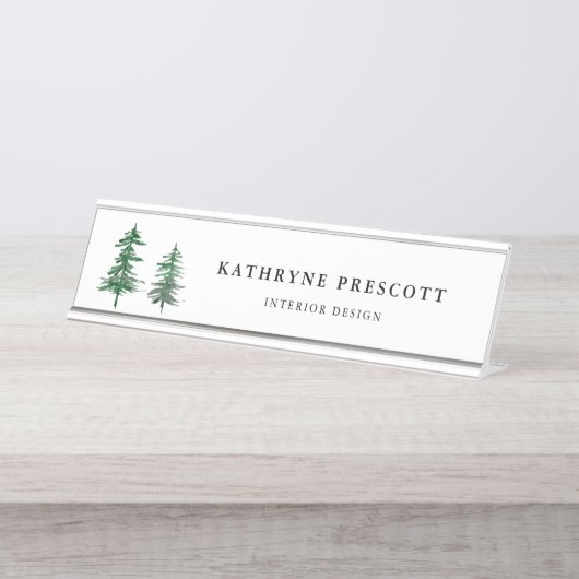 水彩素朴木林の森林パーソナライズされた地 デスクネームプレート (正面)