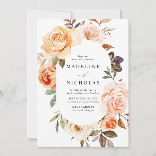 水彩素朴秋フローラ楕円フレーム 招待状 (正面)