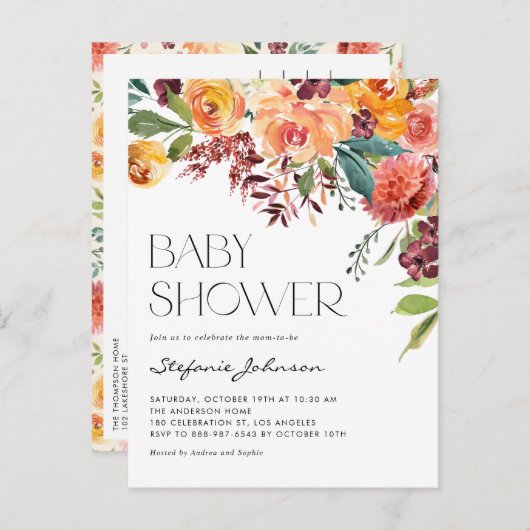 水彩素朴秋花赤ちゃんシャワー インビテーションポストカード (正面/裏面)