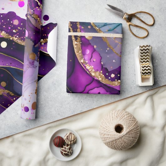 水彩紫および金ゴールドグリッターアルコールインキ ラッピングペーパー (クラフト)