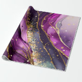 水彩紫および金ゴールドグリッターアルコールインキ ラッピングペーパー (アンロールド)
