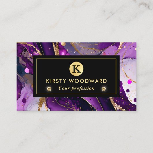水彩紫および金ゴールドグリッターアルコールインキ 名刺 (正面)
