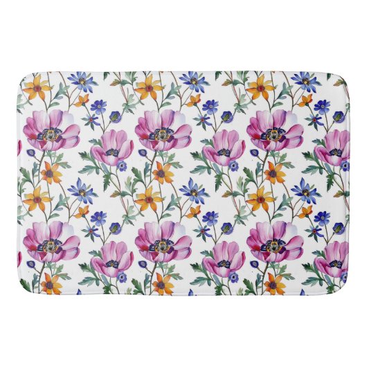 水彩紫かわいらしと黄色のフローラ バスマット (正面)