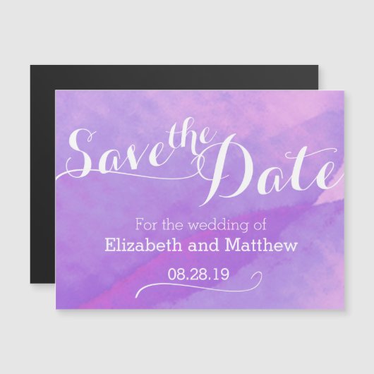水彩紫で日付を節約 マグネット招待状 (正面/裏面)