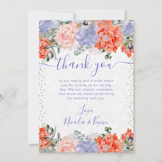 水彩紫とオレンジ色の花結婚の サンキューカード (正面)