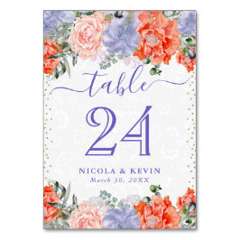 水彩紫とオレンジ色の花結婚の テーブルナンバー