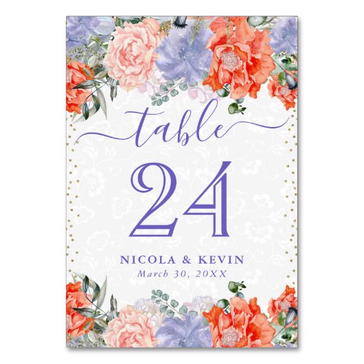 水彩紫とオレンジ色の花結婚の テーブルナンバー (正面)