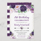 水彩紫とクリームの花21歳の誕生日 招待状 (正面/裏面)