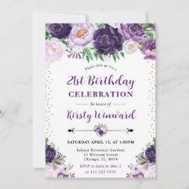 水彩紫とクリームの花21歳の誕生日 招待状