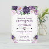 水彩紫とクリーム結婚花 招待状 (スタンド正面)