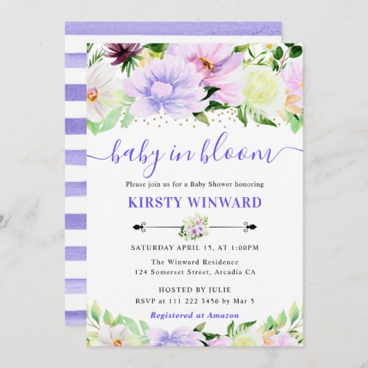 水彩紫とクリーム花赤ちゃんシャワー 招待状 (正面/裏面)