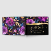 水彩紫とティール（緑がかった色）結婚花 ゲストブック (全面)