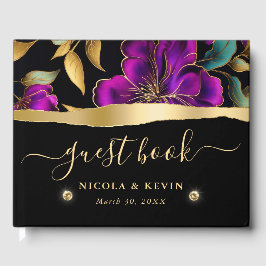 水彩紫とティール（緑がかった色）結婚花 ゲストブック