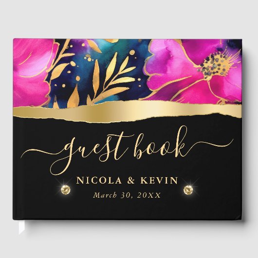 水彩紫とティール（緑がかった色）結婚花 ゲストブック (正面)