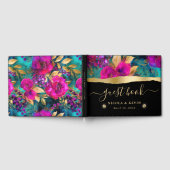 水彩紫とティール（緑がかった色）結婚花 ゲストブック (全面)