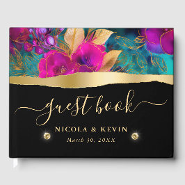 水彩紫とティール（緑がかった色）結婚花 ゲストブック
