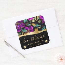 水彩紫とティール（緑がかった色）結婚花 スクエアシール