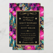 水彩紫とティール（緑がかった色）結婚花 招待状 (正面/裏面)