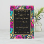 水彩紫とティール（緑がかった色）結婚花 招待状 (スタンド正面)