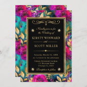 水彩紫とティール（緑がかった色）結婚花 招待状 (正面/裏面)