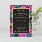 水彩紫とティール（緑がかった色）結婚花 招待状 (スタンド正面)