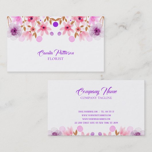 水彩紫とピンクの花 名刺 (正面/裏面)