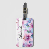 水彩紫と白のユリ模様モノグラム ラゲッジタグ (正面縦)