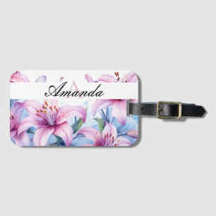 水彩紫と白のユリ模様モノグラム ラゲッジタグ