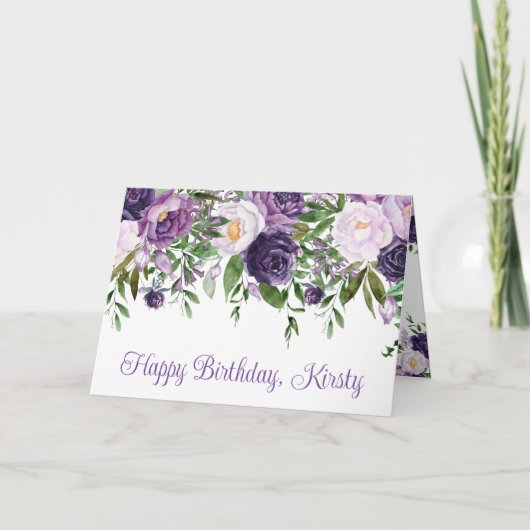 水彩紫と白の花の誕生日 カード (正面)