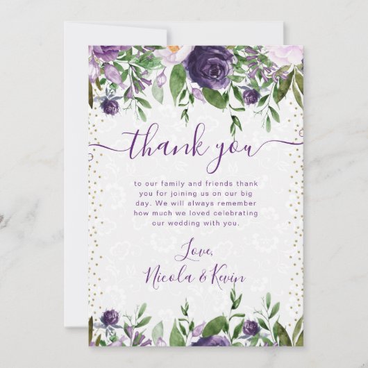 水彩紫と白結婚花 サンキューカード (正面)