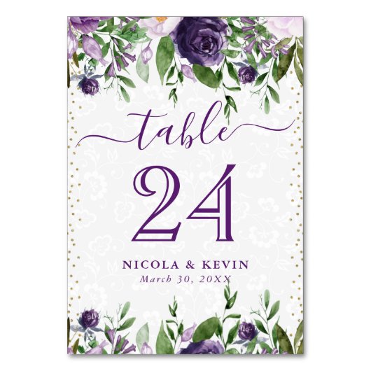 水彩紫と白結婚花 テーブルナンバー (正面)