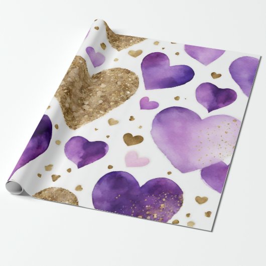 水彩紫と金ゴールドインクバレンタインハート ラッピングペーパー (アンロールド)