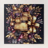 水彩紫と金ゴールドホリデーモティフコラージュ ジグソーパズル (横)