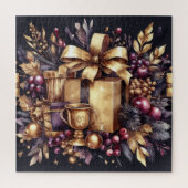 水彩紫と金ゴールドホリデーモティフコラージュ ジグソーパズル (縦)