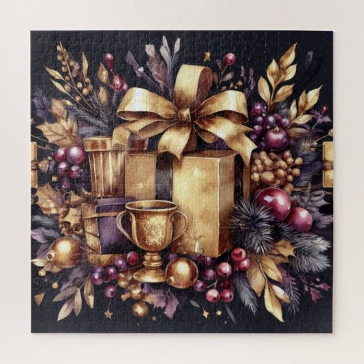 水彩紫と金ゴールドホリデーモティフコラージュ ジグソーパズル (縦)