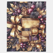 水彩紫と金ゴールドホリデーモティフコラージュ フリースブランケット (正面)