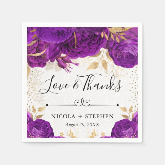 水彩紫と金ゴールド結婚の花 スタンダードカクテルナプキン (正面)